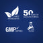 Infographic illustrating finest ingredients, 50 years of manufacturing, GMP certified, and lab tested quality.