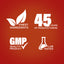 Infographic highlighting finest ingredients, 45 years of manufacturing, GMP quality product, and lab testing.
