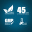 Infographic showing top ingredients, celebrating 45 years of manufacturing, GMP quality, and lab-tested assurance.