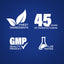 Infographic highlighting finest ingredients, 45 years of manufacturing, GMP quality, and lab-tested assurance.