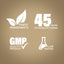 Infographic stating finest ingredients, 45 years of manufacturing, GMP quality product, and lab tested.