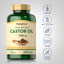 Castor Oil bottle with icons indicating gluten, milk, lactose, and soy free, non-GMO, no artificial flavors, sweeteners, colors.