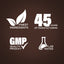 Infographic highlighting: finest ingredients, 45 years of manufacturing, GMP quality, and lab tested product.