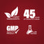 Infographic showcasing 45 years of manufacturing, finest ingredients, GMP quality products, and lab-tested assurance.