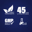 Infographic showcasing finest ingredients, 45 years of manufacturing expertise, GMP quality standards, and lab testing assurance.