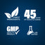 Infographic showcasing finest ingredients, 45 years of manufacturing, GMP quality product, and lab testing assurance.