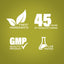 Infographic highlighting finest ingredients, 45 years of manufacturing, GMP quality product, and lab tested assurance.
