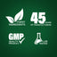 Infographic highlighting finest ingredients, 45 years of manufacturing, GMP quality product, and lab testing.