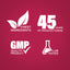 Infographic highlighting finest ingredients, 45 years of manufacturing excellence, GMP quality, and lab tested products.