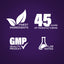 Infographic highlighting finest ingredients, 45 years of manufacturing, GMP quality, and lab-tested assurance.