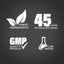 Infographic highlighting finest ingredients, 45 years of manufacturing, GMP quality product, and lab tested assurances.
