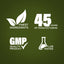 Infographic highlighting finest ingredients, 45 years of manufacturing, GMP quality, and lab-tested products.