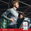 A young man runs on a treadmill next to a bottle of L-Glutamine.