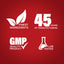 Infographic illustrating the finest ingredients, 45 years of manufacturing expertise, GMP quality assurance, and lab testing.
