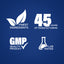 Infographic stating FINEST INGREDIENTS, 45 YEARS OF MANUFACTURING, GMP QUALITY PRODUCT, LAB TESTED, summarizing product quality.
