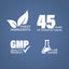 Infographic stating finest ingredients, 45 years of manufacturing, GMP quality product, and lab tested.