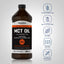 MCT Oil bottle with icons indicating Gluten & Wheat Free, Milk & Lactose Free, Soy Free, Non GMO, No Artificial Flavors/Preservatives.