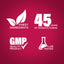 Infographic highlighting 45 years of manufacturing, finest ingredients, GMP quality, and lab-tested products.