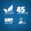 Infographic showing finest ingredients, 45 years of manufacturing, GMP quality product, lab tested assurance.