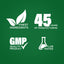 Infographic highlights finest ingredients, 45 years of manufacturing, GMP quality product, lab tested assurance.