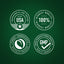 Infographic showing USA packaging, 100% quality, finest ethically sourced ingredients, and GMP Good Manufacturing Practice.