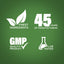 Infographic highlighting finest ingredients, 45 years of manufacturing, GMP quality product, and lab tested assurance.