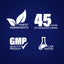 Infographic stating finest ingredients, 45 years of manufacturing, GMP quality product, and lab tested.