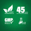 Infographic highlighting finest ingredients, 45 years of manufacturing, GMP quality product, and lab tested assurance.