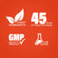 Infographic showcasing finest ingredients, 45 years of manufacturing, GMP quality, and lab tested assurance.