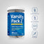 Varsity Pack 2 bottle with icons indicating it is gluten and wheat free, milk and lactose free, non-GMO, no artificial flavors.