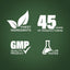 Graphic stating Finest Ingredients, 45 Years of Manufacturing, GMP Quality Product, Lab Tested