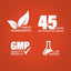 Graphic stating Finest Ingredients, 45 Years of Manufacturing, GMP Quality Product, Lab Tested