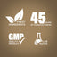 Graphic stating Finest Ingredients, 45 Years of Manufacturing, GMP Quality Product, Lab Tested