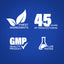 Infographic stating finest ingredients, 45 years of manufacturing, GMP quality product, lab tested.