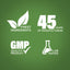 Infographic showcasing finest ingredients, 45 years of manufacturing excellence, GMP quality, and lab-tested assurance.