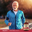 An older man jogging with earphones next to a bottle of Plant Sterols Complex.