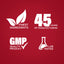 Infographic showing finest ingredients, 45 years of manufacturing excellence, GMP quality, and lab-tested assurance.