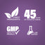 Infographic showcasing finest ingredients, 45 years of manufacturing, GMP quality product, and lab tested assurance.