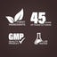 Infographic highlighting finest ingredients, 45 years of manufacturing, GMP quality, and lab-tested products.