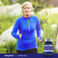 An older woman jogging outdoors with a bottle of R-Lipoic Acid beside her, promoting health and fitness.