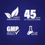 Infographic showcasing finest ingredients, 45 years of manufacturing, GMP quality, and lab-tested products.