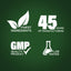 Infographic displays: Fine ingredients, 45 years of manufacturing, GMP quality product, lab tested.