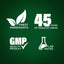 Infographic displaying top ingredients, 45 years of manufacturing excellence, GMP quality assurance, and lab testing.