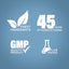 Infographic highlighting finest ingredients, 45 years of manufacturing, GMP quality product, and lab tested assurance.
