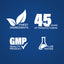 Infographic highlighting finest ingredients, 45 years of manufacturing, GMP quality, and lab-tested for superior standards.