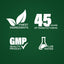 Infographic highlighting finest ingredients, 45 years of manufacturing excellence, GMP quality, and lab-tested assurance.