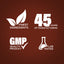 Infographic highlighting finest ingredients, 45 years of manufacturing, GMP quality, and lab-tested products.