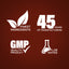Infographic highlighting finest ingredients, 45 years of manufacturing expertise, GMP quality, and lab-tested products.