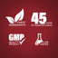Infographic illustrating premium materials, 45 years in manufacturing, GMP quality standards, and lab certification.