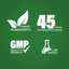 Infographic highlighting finest ingredients, 45 years of manufacturing, GMP quality, and lab-tested assurance of quality.